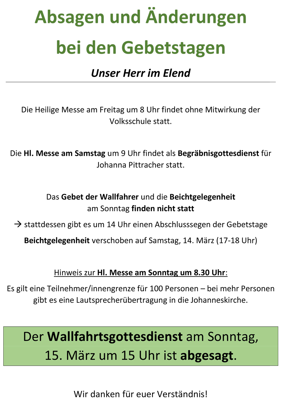 Absagen und nderungen bei den Gebetstagen